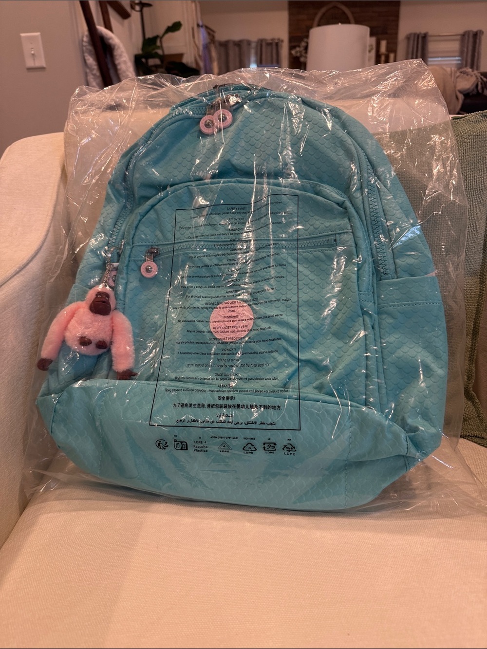 Kipling Light Aqua Blue Kids Backpack with Plush Monkey Charm
